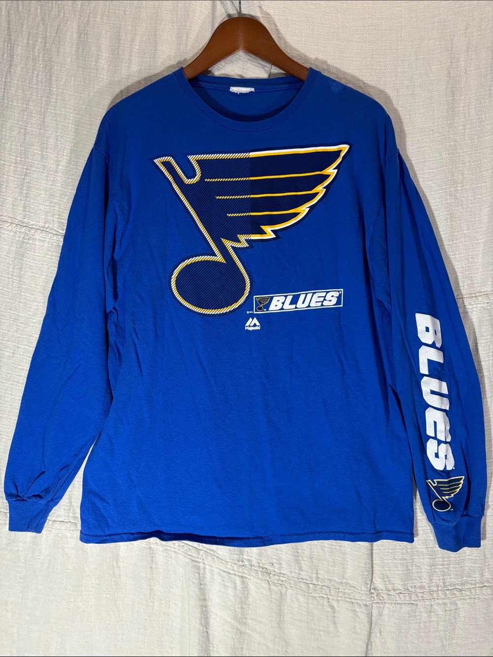 Vintage Majestic St. Louis Blues Long Sleeve Shirt Size M Blue Note Hockey Y2K